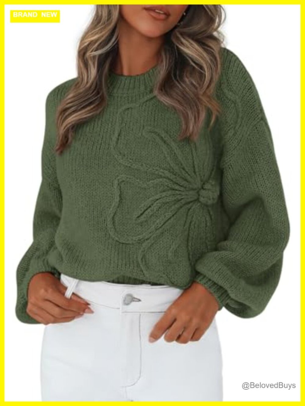 Oversized 3D Floral Knit Sweater Crew Neck Drop Shoulder Lantern Sleeve